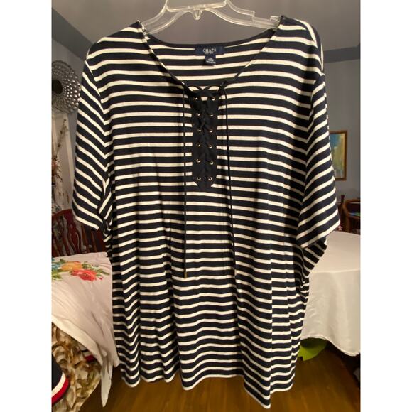 Women's Chaps3X Black / White Striped T-Shirt, Short Sleeves, lace up front neck - Picture 2 of 12